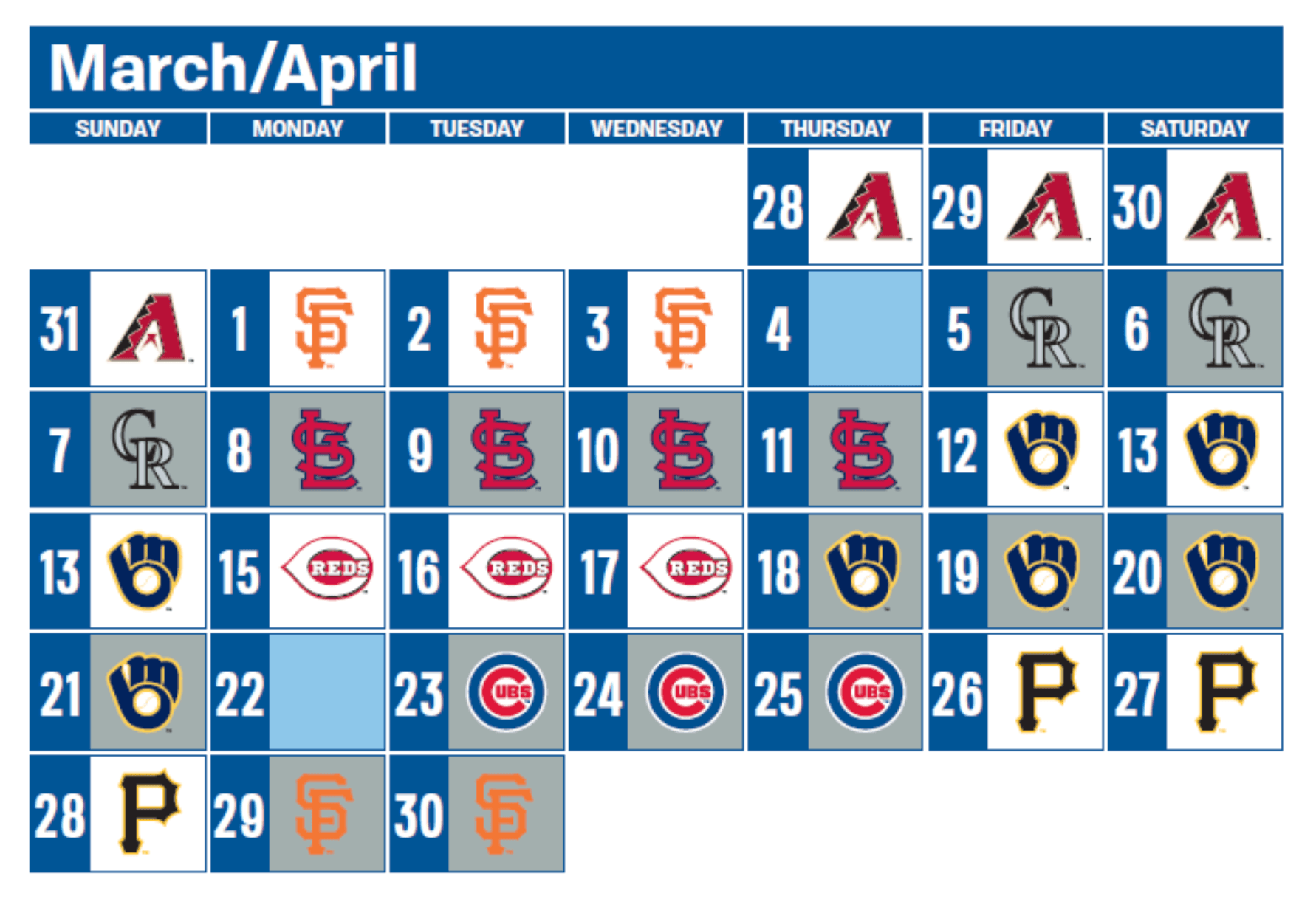 A baseball schedule for the Los Angeles Dodgers for the month of April. There are two off days and six different cities listed.